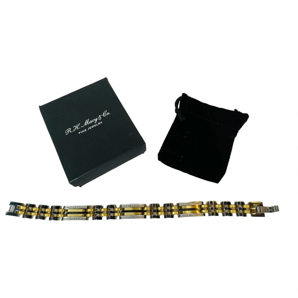 R.H. Macy Mens Two Toned Stainless Steel Metal Link Diamond Bracelet 9” Long - Picture 6 of 16